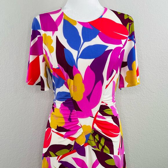 Donna Morgan White Multi Floral Ruched Short Sleeve Mini Dress 8/Medium NWOT - Picture 6 of 16